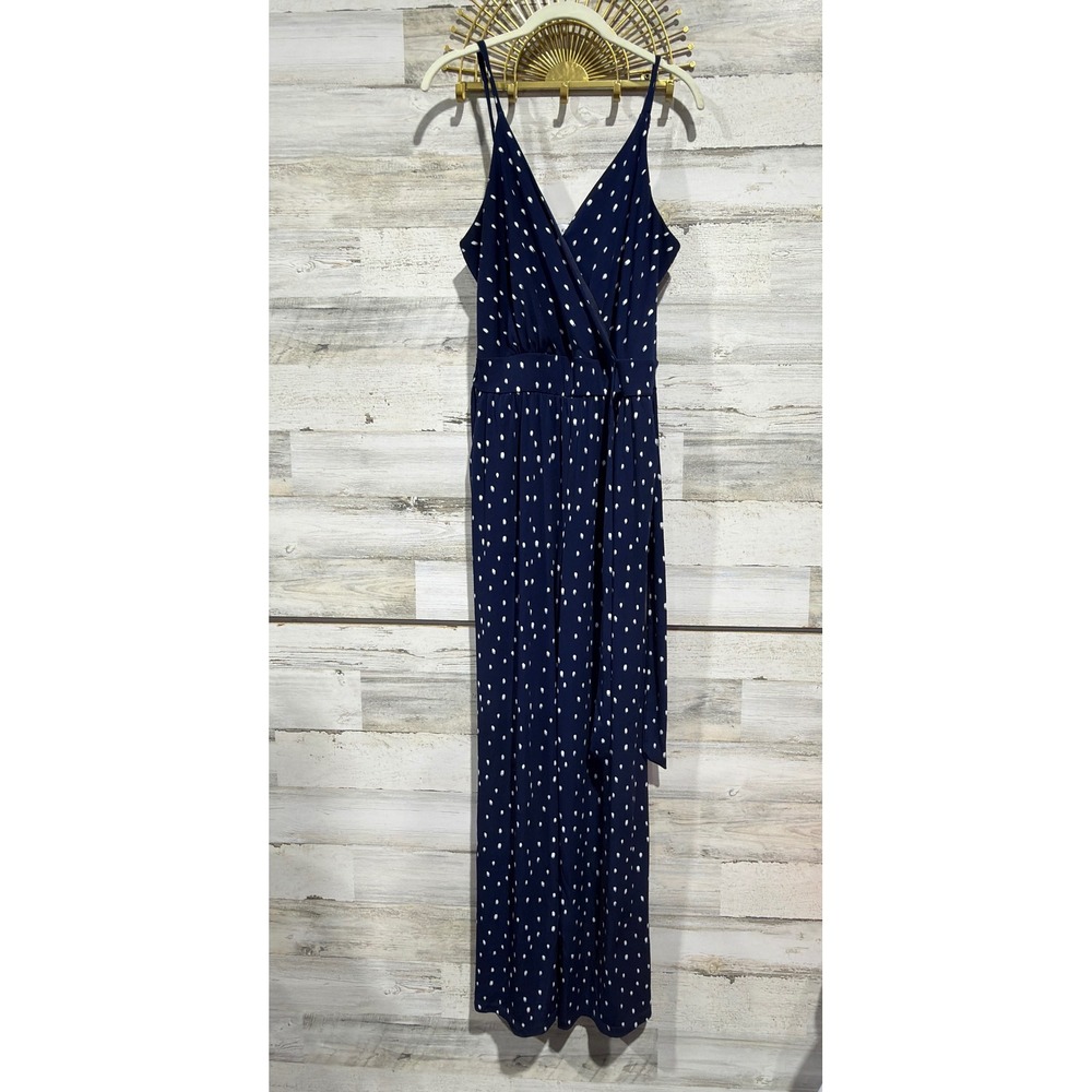 Kaileigh Jumpsuit Women Large Navy Blue Polka Dot Wrap Front Wide Leg EUC